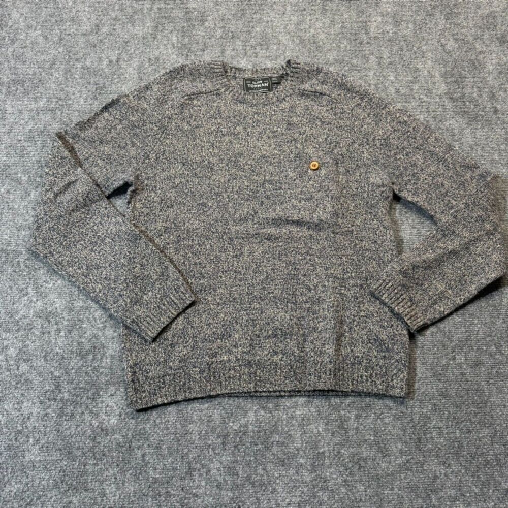 Topman Mens S Marled Knit Sweater Navy Cream Crewneck Button Pocket Pullover